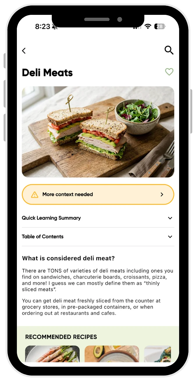 The TPNL app’s Deli Meats entry, marked “More context needed,” with a quick learning summary and table of contents.