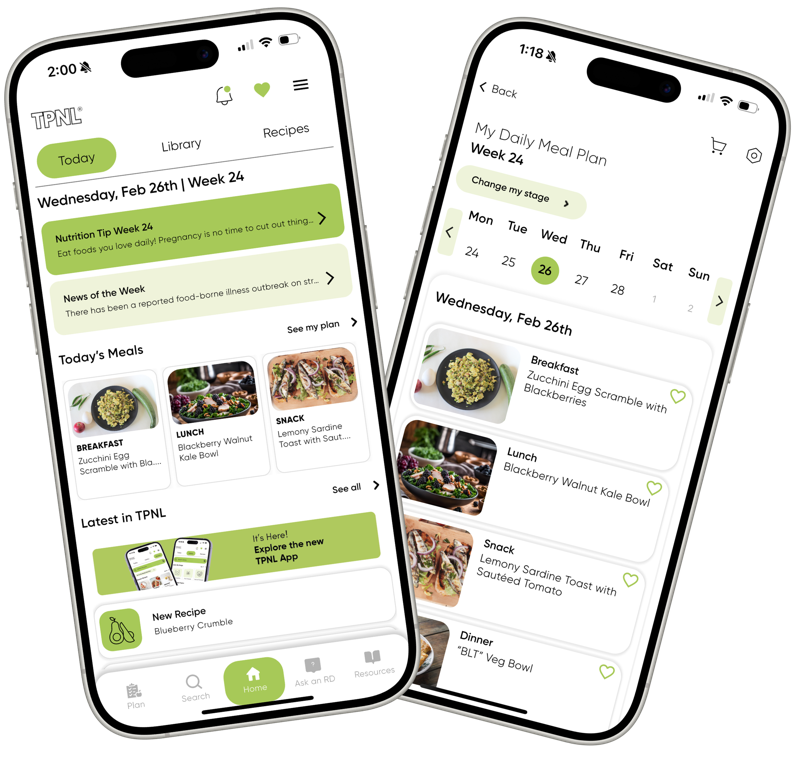 TPNL app showing meal plans and recipes